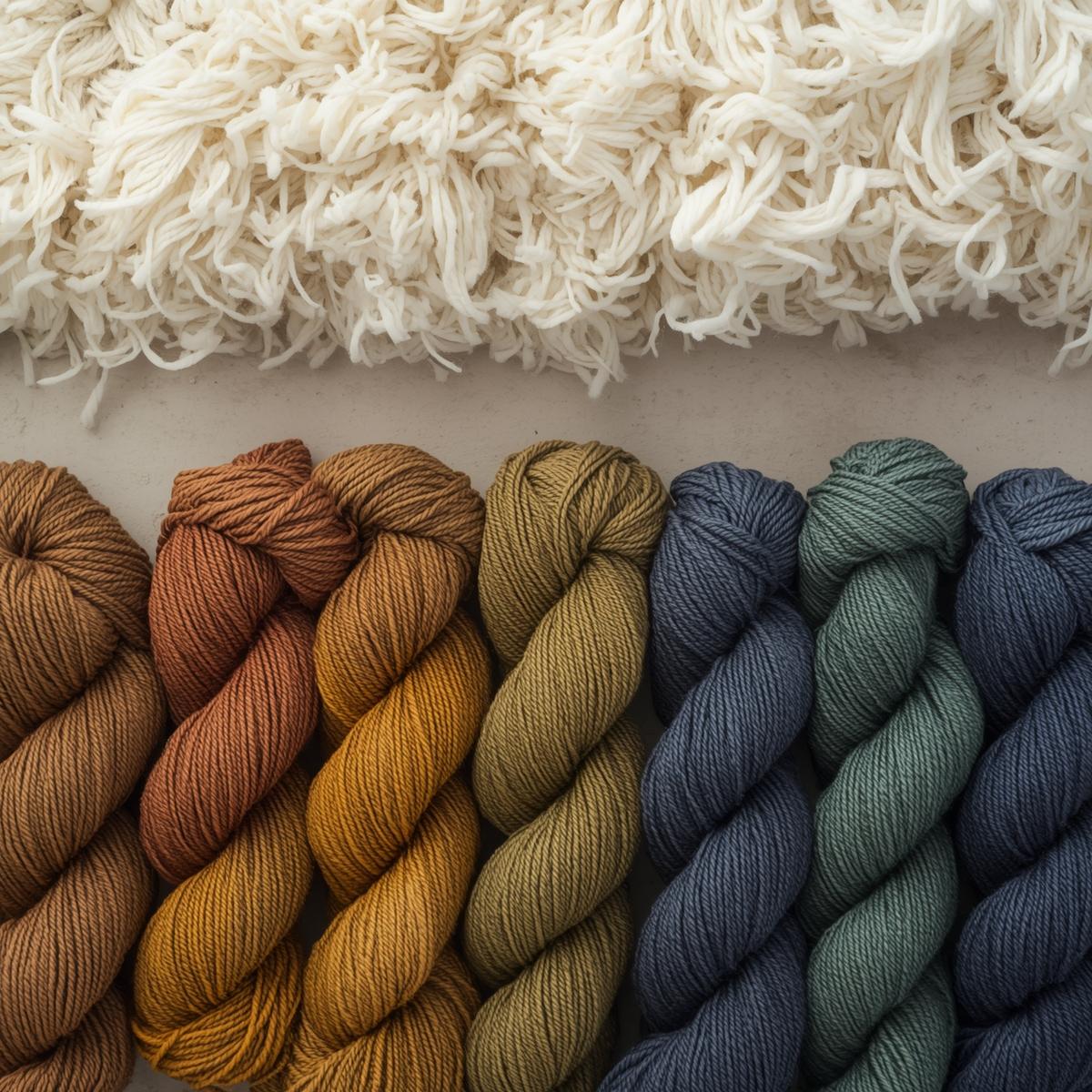 Dyed wool skeins in a range of natural colours