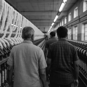 Two mill workers walking through a yarn spinning facility